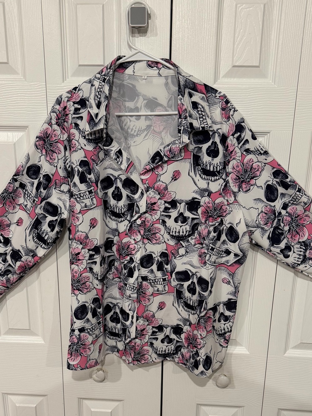 White Button-Down Shirt with Pink Floral & Black Skull Print
